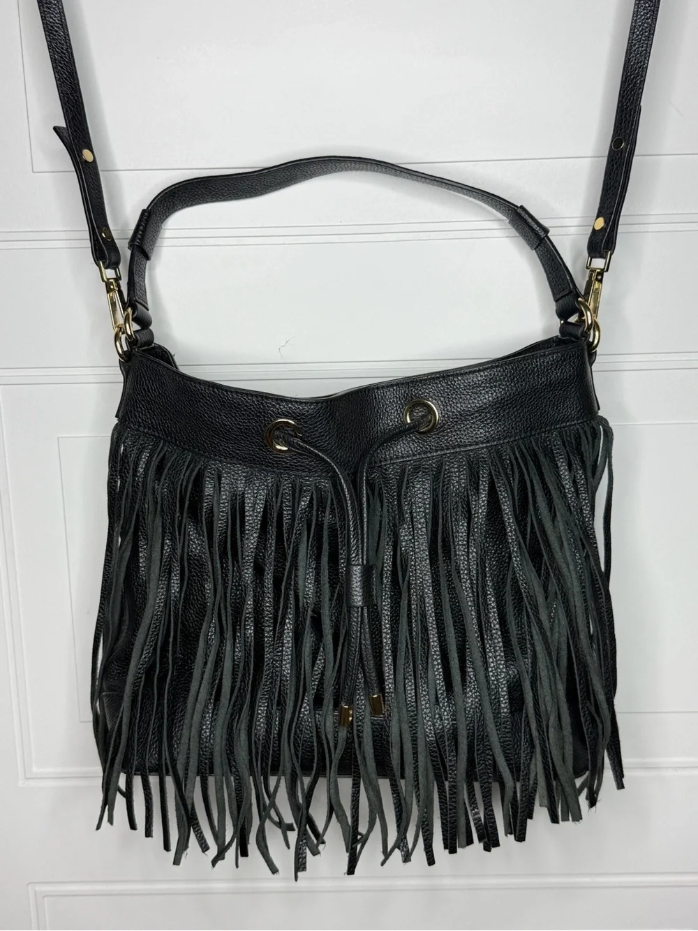 Milly Black Leather Fringe Drawstring Bucket Bag Purse Excellent Condition